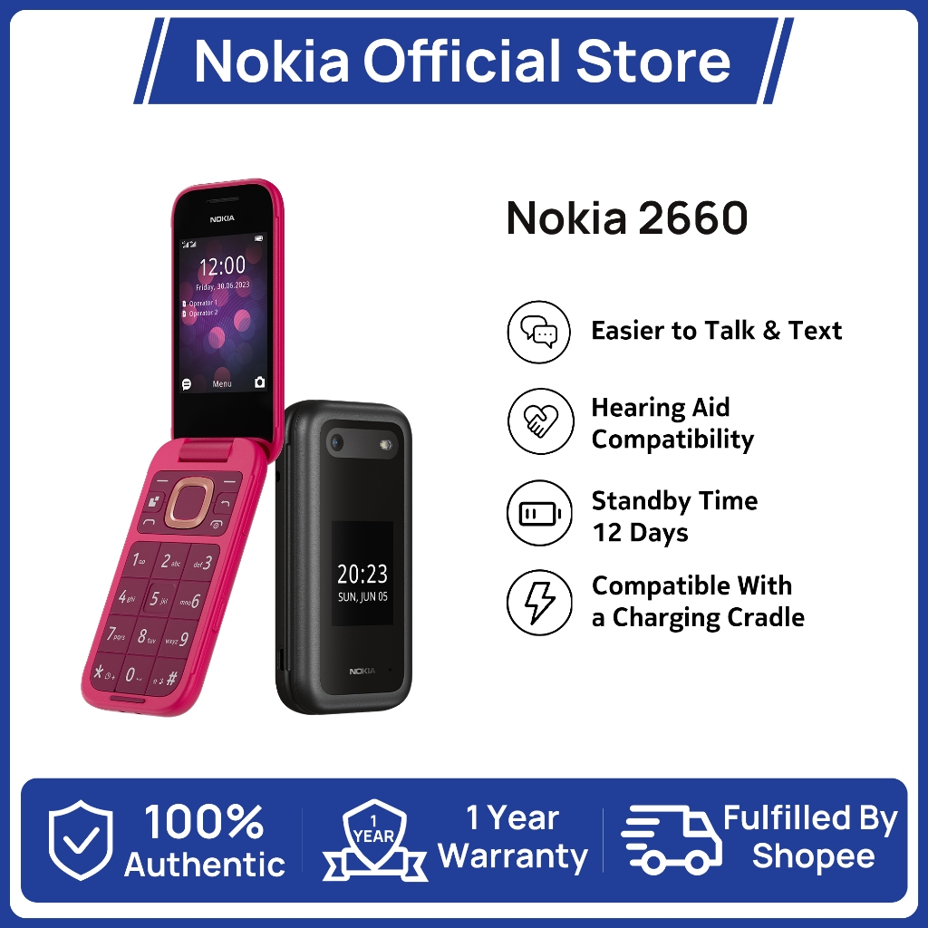 Nokia โนเกีย 2660 Flip  หน้าจอ 2.8 นิ้ว (QQVGA 1.77")  บลูทูธ 4.2  หน่วยความจำในเครื่อง 128 MB  รองร