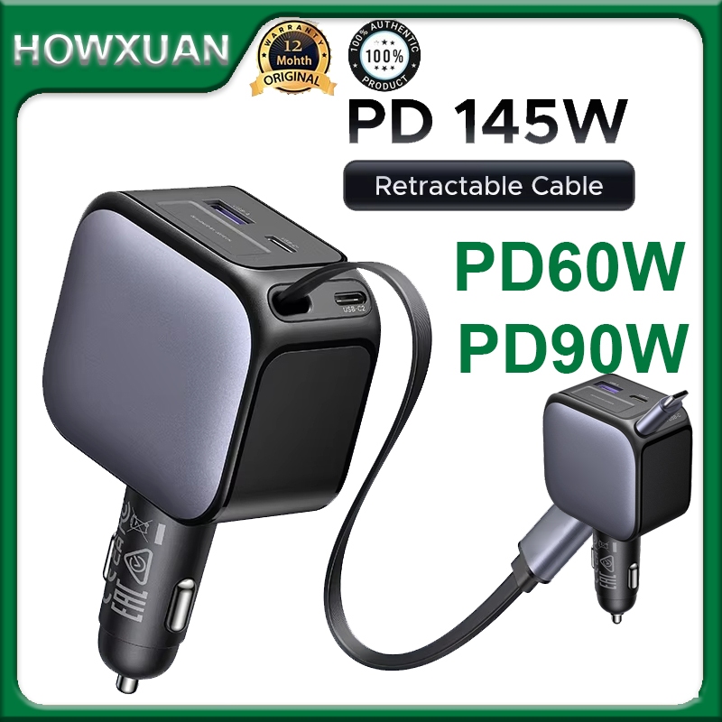 Howxuan By UGREEN 145W 90W 60W Car Charger PD QC4.0 Fast Charger พร้อมสายแบบพับเก็บได้
