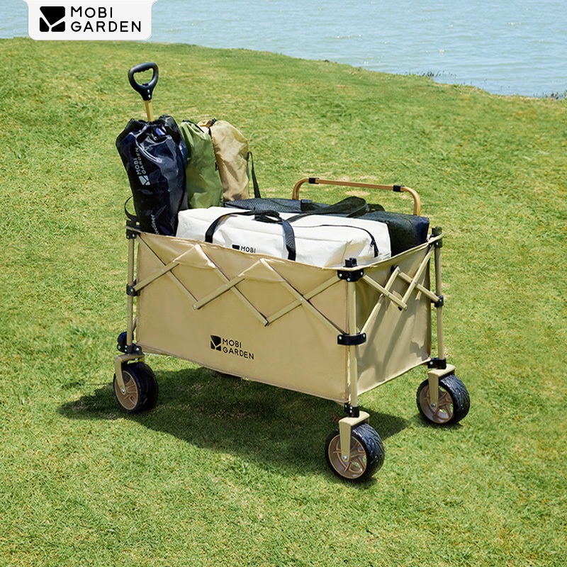 MOBI GARDEN รถเข็นล้อกว้างพร้อมเบรกหนัก 190 กก. ความจุขนาดใหญ่สุดสําหรับครอบครัว Camping พร้อมกระดาน