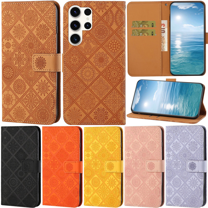 SAMSUNG หรูหราสําหรับSamsung Galaxy A17 A56 A36 A26 A16 A06 A07 A55 A35 A15 A25 5G A54 A34 S25 Ultra S24 FE S24 Ultra S24 + Retroดอกไม้กระเป๋าสตางค์หนังกรณี
