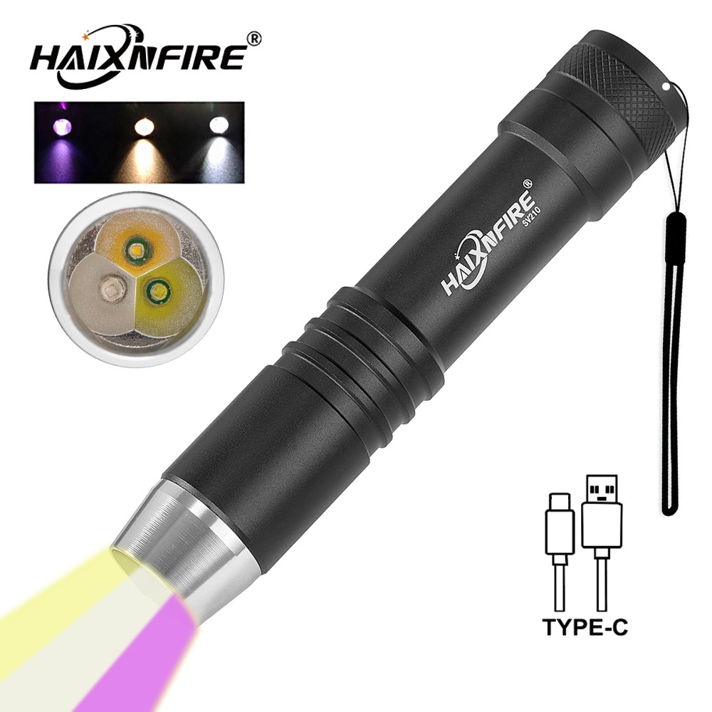 HaixnFire SV210 ไฟฉาย UV LED 3 สี ส่องแสงเหลือง ขาว ม่วง ชาร์จแบตเตอรี่ผ่าน USB