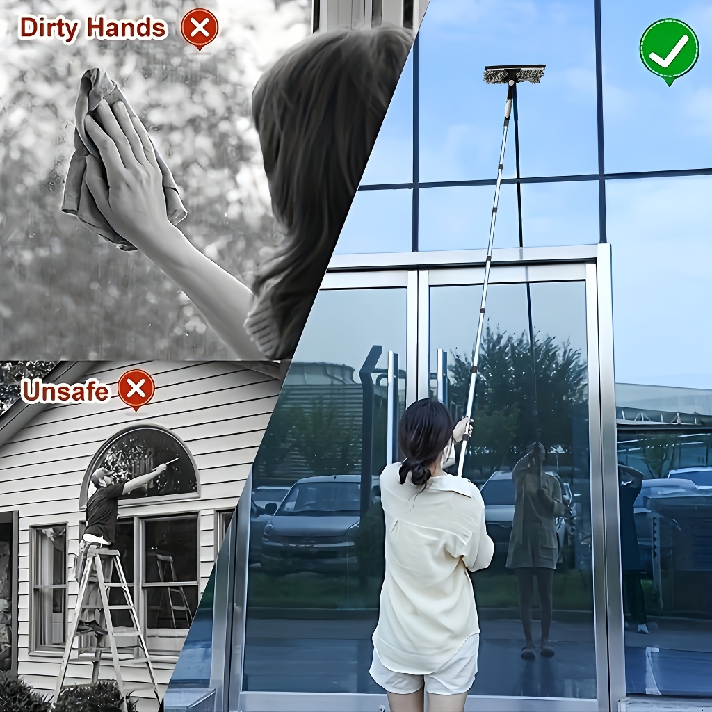 2-in-1 เอวสูงทําความสะอาดหน้าต่าง 10 Joint Extension Pole สแตนเลส Scraper และไม้กวาดหุ้มยางไมโครไฟเบอร์แบบใช้ซ้ําได้ - รูปที่ 3