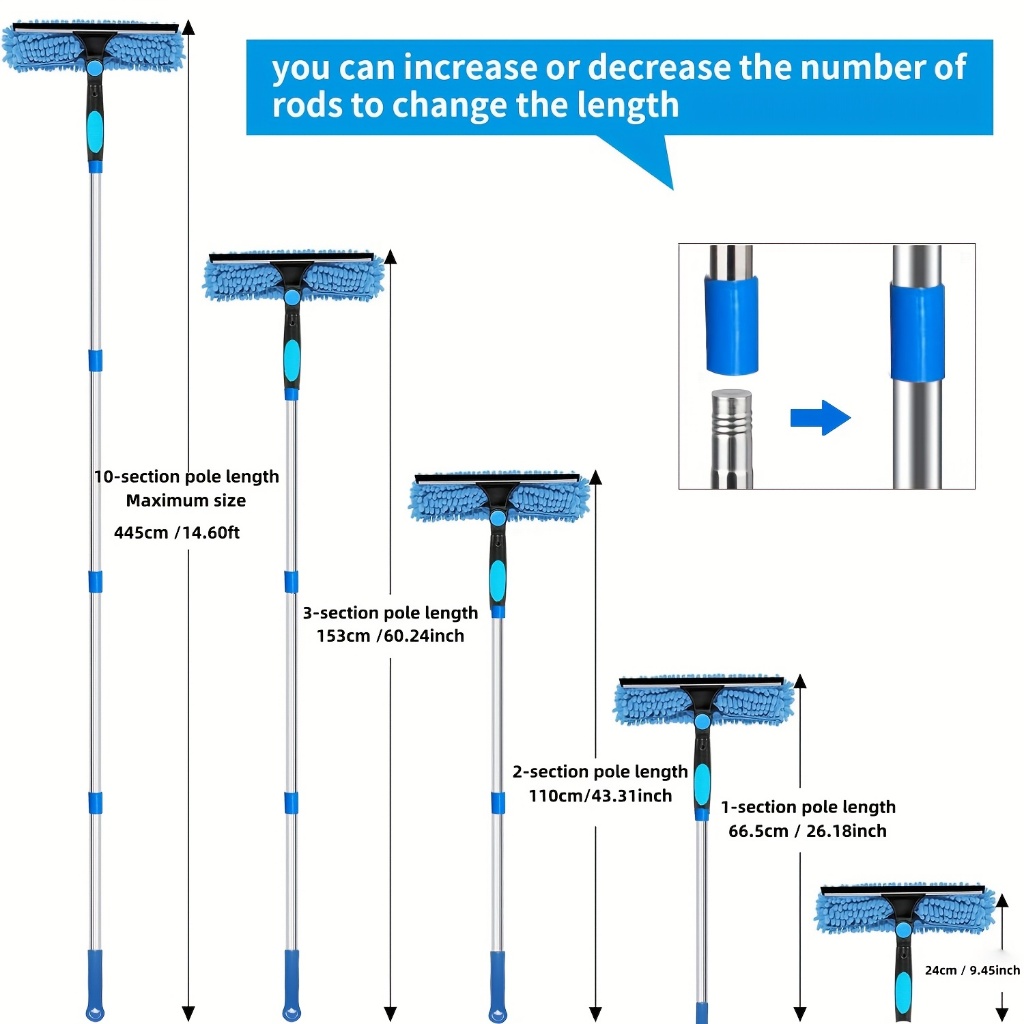 2-in-1 เอวสูงทําความสะอาดหน้าต่าง 10 Joint Extension Pole สแตนเลส Scraper และไม้กวาดหุ้มยางไมโครไฟเบอร์แบบใช้ซ้ําได้ - รูปที่ 4