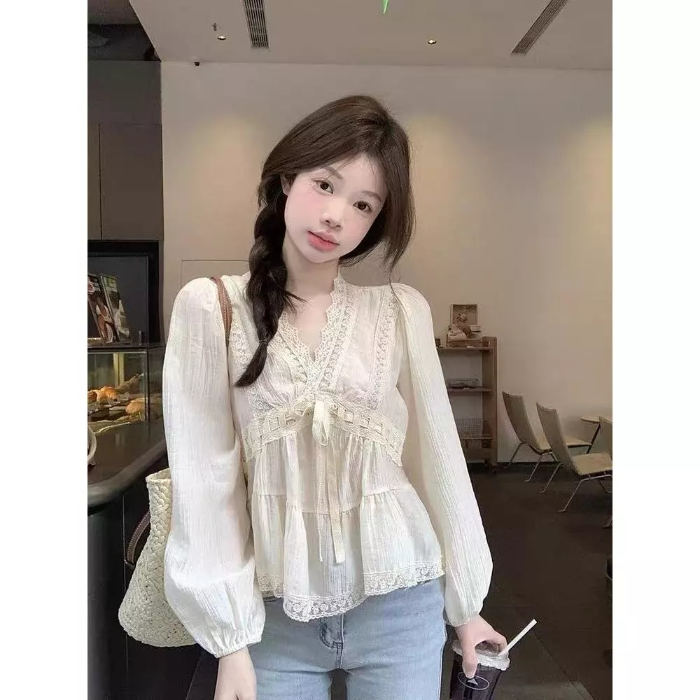 เกาหลีผู้หญิงแฟชั่นย้อนยุคสบายๆหลวมโวลต์เสื้อเบลาส์คอปกแขนยาว