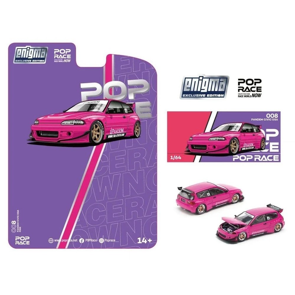 POPRACE x Enigma 1:64 PRE008 Pandem Civic EG6 - รถโมเดลขนาดDiecast สีชมพู