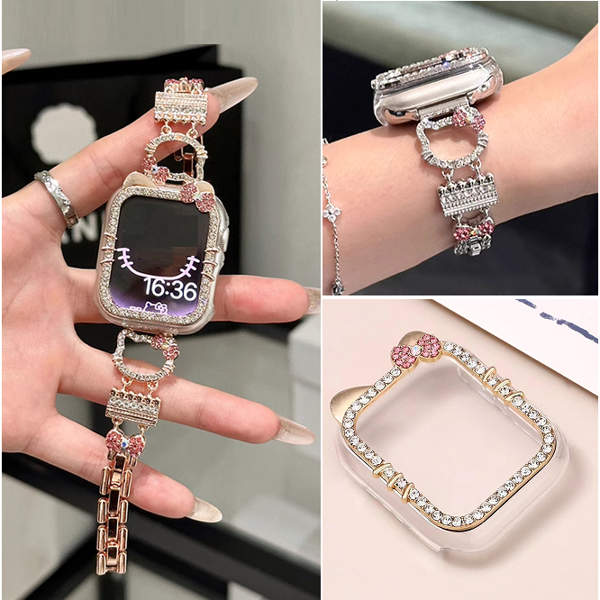 Diamond Cute Kitty Strap Case Compatible For สาย i watch Strap Series 10 9 8 7 6 5 4 3 2 1,se, se2,Ultra, Ultra 2 Strap Stylish i Watch Strap Case Size 38mm 42mm 49mm 41mm 45mm 40mm 44mm เคส i watch case