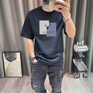 เสื้อยืดผู้ชายแขนสั้นสไตล์แฟชั่นหลวม ลายเขากวางอเมริกันเท่ๆ สีดำสุดเจ๋ง