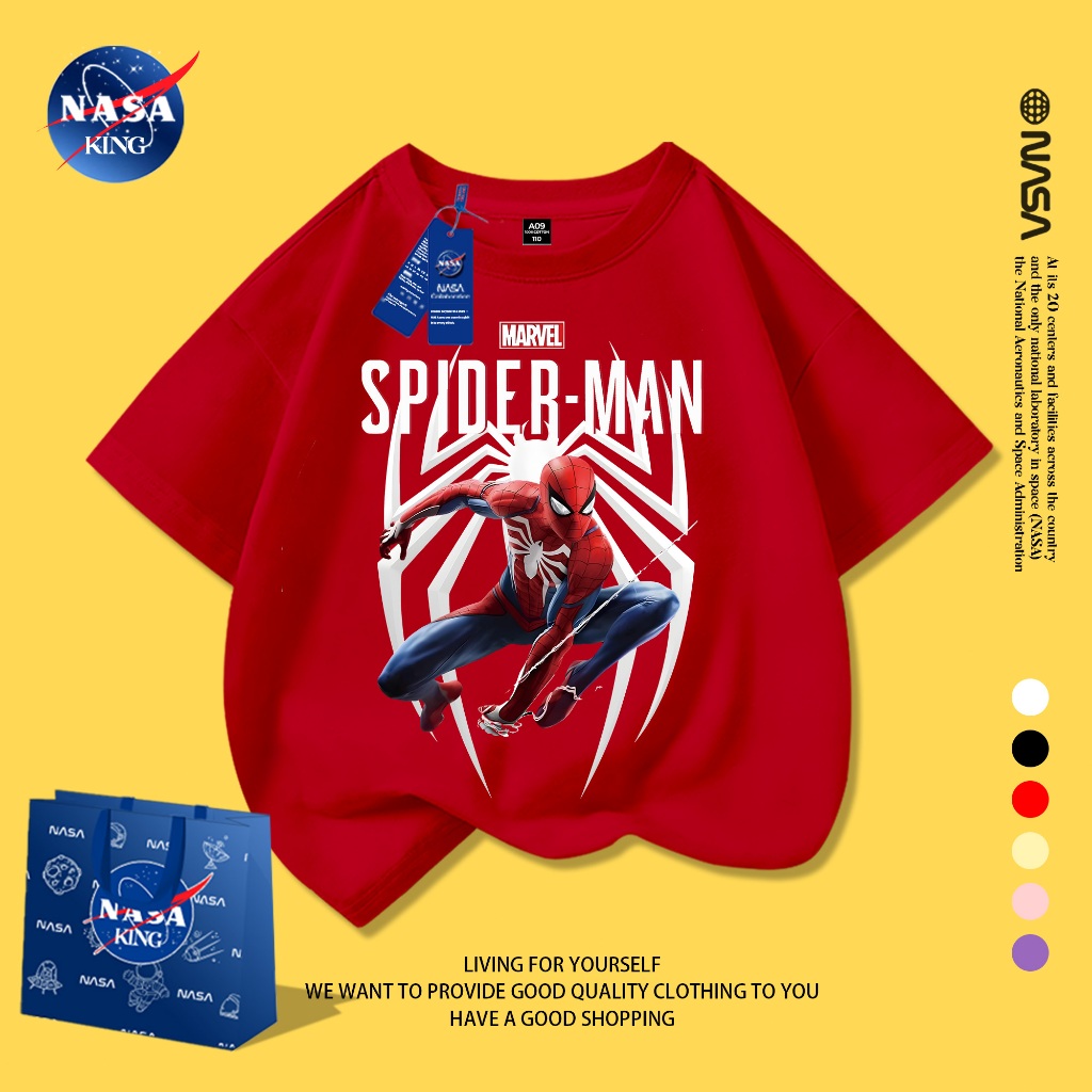 NASA เสื้อยืดเด็กผู้ชาย 2025 ผ้าฝ้ายแท้ แขนสั้น ทรงหลวม สไตล์เกาหลี ลายสไปเดอร์แมน แฟชั่น