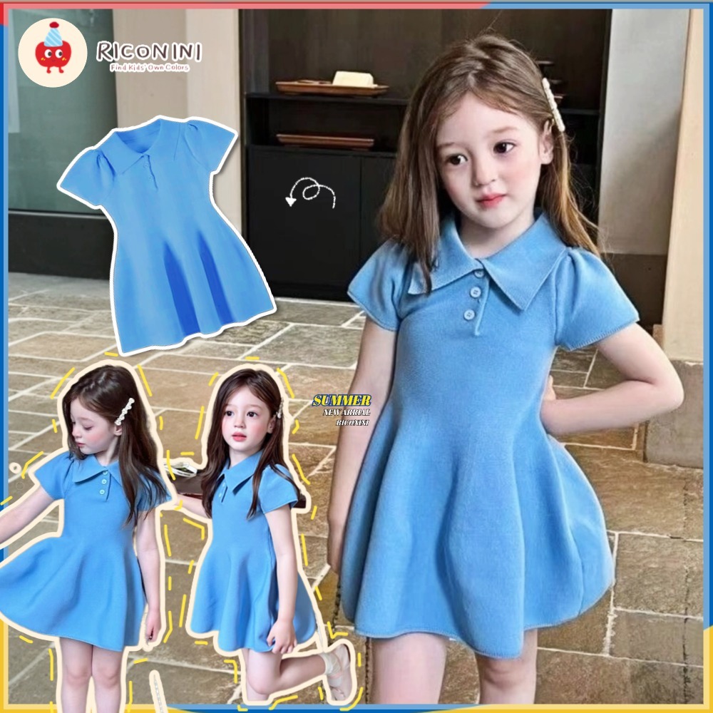 RICONINIPreppy Dresses สาวฤดูร้อนสไตล์เจ้าหญิงเด็กแฟชั่นชุดเด็กถักสีฟ้า