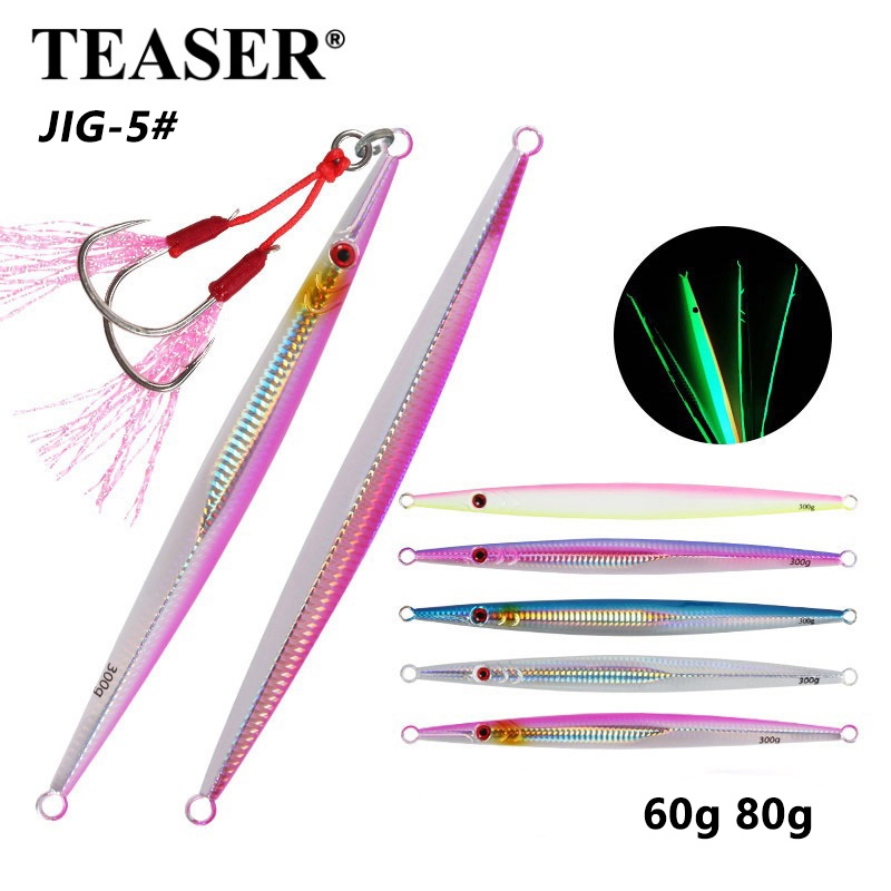 TEASER【J5】60g 80g ตกปลา Lure เข็มปลา Fast Jigging Lure น้ําเค็มเรืองแสงโลหะ Jigs Sinking Hard เหยื่อประดิษฐ์พร้อมตะขอคู่