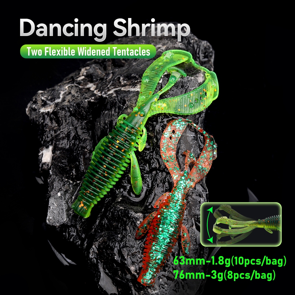 Kingdom DANCING SHRIMP เหยื่อตกปลาอ่อน 10 ชิ้น/ถุง 63 มม./1.8g 76 มม./3g เหยื่ออ่อนลอย TPE หนอนนุ่ม Ned Jig Rig เหยื่อ Swimbaits เหยื่อประดิษฐ์ Wobblers Soft Lure Fishing Tackle