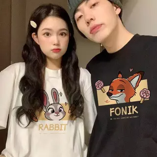 (Cotton 100%) Luvoro ลายกระต่ายและจิ้งจอกน่ารัก เสื้อยืดชาย Fox and Rabbit ผู้หญิง คอกลม สีดำ สีขาว ผ้าฝ้าย วัยผู้ใหญ่ ชุดคู่รัก Cotton 100 % ค1630/1631