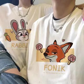 (Cotton 100%) Luvoro ลายกระต่ายและจิ้งจอกน่ารัก เสื้อยืดชาย Fox and Rabbit ผู้หญิง คอกลม สีดำ สีขาว ผ้าฝ้าย วัยผู้ใหญ่ ชุดคู่รัก Cotton 100 % ค1630/1631