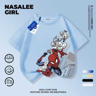 【ส่งของในวันเดียวกัน】เสื้อยืดแขนสั้นเด็ก NASA เนื้อฝ้ายสีฟ้าอ่อน ระบายอากาศดี ลายสไปเดอร์แมนสไตล์อเมริกัน ใส่ได้ทั้งเด็กชาย-เด็กหญิง สไตล์เก๋ไก๋ เนี้ยบๆ ใส่ได้ทุกโอกาส