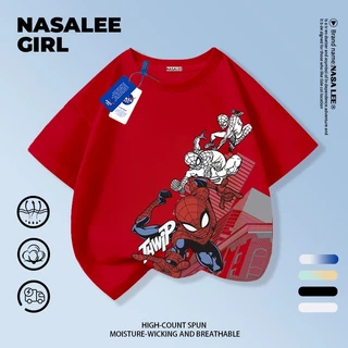 【ส่งของในวันเดียวกัน】เสื้อยืดแขนสั้นเด็ก NASA เนื้อฝ้ายสีฟ้าอ่อน ระบายอากาศดี ลายสไปเดอร์แมนสไตล์อเมริกัน ใส่ได้ทั้งเด็กชาย-เด็กหญิง สไตล์เก๋ไก๋ เนี้ยบๆ ใส่ได้ทุกโอกาส