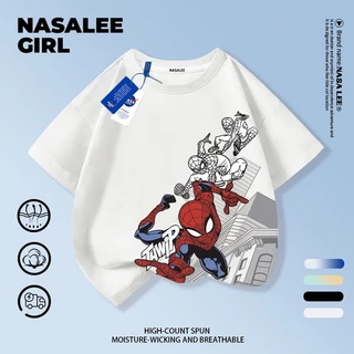 【ส่งของในวันเดียวกัน】เสื้อยืดแขนสั้นเด็ก NASA เนื้อฝ้ายสีฟ้าอ่อน ระบายอากาศดี ลายสไปเดอร์แมนสไตล์อเมริกัน ใส่ได้ทั้งเด็กชาย-เด็กหญิง สไตล์เก๋ไก๋ เนี้ยบๆ ใส่ได้ทุกโอกาส