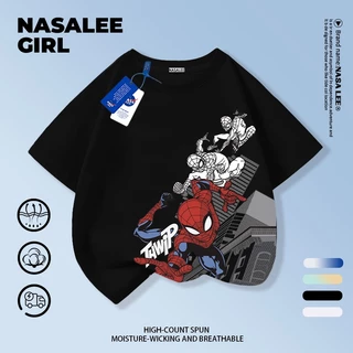 【ส่งของในวันเดียวกัน】เสื้อยืดแขนสั้นเด็ก NASA เนื้อฝ้ายสีฟ้าอ่อน ระบายอากาศดี ลายสไปเดอร์แมนสไตล์อเมริกัน ใส่ได้ทั้งเด็กชาย-เด็กหญิง สไตล์เก๋ไก๋ เนี้ยบๆ ใส่ได้ทุกโอกาส