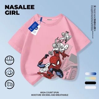 【ส่งของในวันเดียวกัน】เสื้อยืดแขนสั้นเด็ก NASA เนื้อฝ้ายสีฟ้าอ่อน ระบายอากาศดี ลายสไปเดอร์แมนสไตล์อเมริกัน ใส่ได้ทั้งเด็กชาย-เด็กหญิง สไตล์เก๋ไก๋ เนี้ยบๆ ใส่ได้ทุกโอกาส