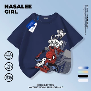 【ส่งของในวันเดียวกัน】เสื้อยืดแขนสั้นเด็ก NASA เนื้อฝ้ายสีฟ้าอ่อน ระบายอากาศดี ลายสไปเดอร์แมนสไตล์อเมริกัน ใส่ได้ทั้งเด็กชาย-เด็กหญิง สไตล์เก๋ไก๋ เนี้ยบๆ ใส่ได้ทุกโอกาส