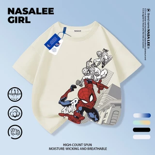 【ส่งของในวันเดียวกัน】เสื้อยืดแขนสั้นเด็ก NASA เนื้อฝ้ายสีฟ้าอ่อน ระบายอากาศดี ลายสไปเดอร์แมนสไตล์อเมริกัน ใส่ได้ทั้งเด็กชาย-เด็กหญิง สไตล์เก๋ไก๋ เนี้ยบๆ ใส่ได้ทุกโอกาส