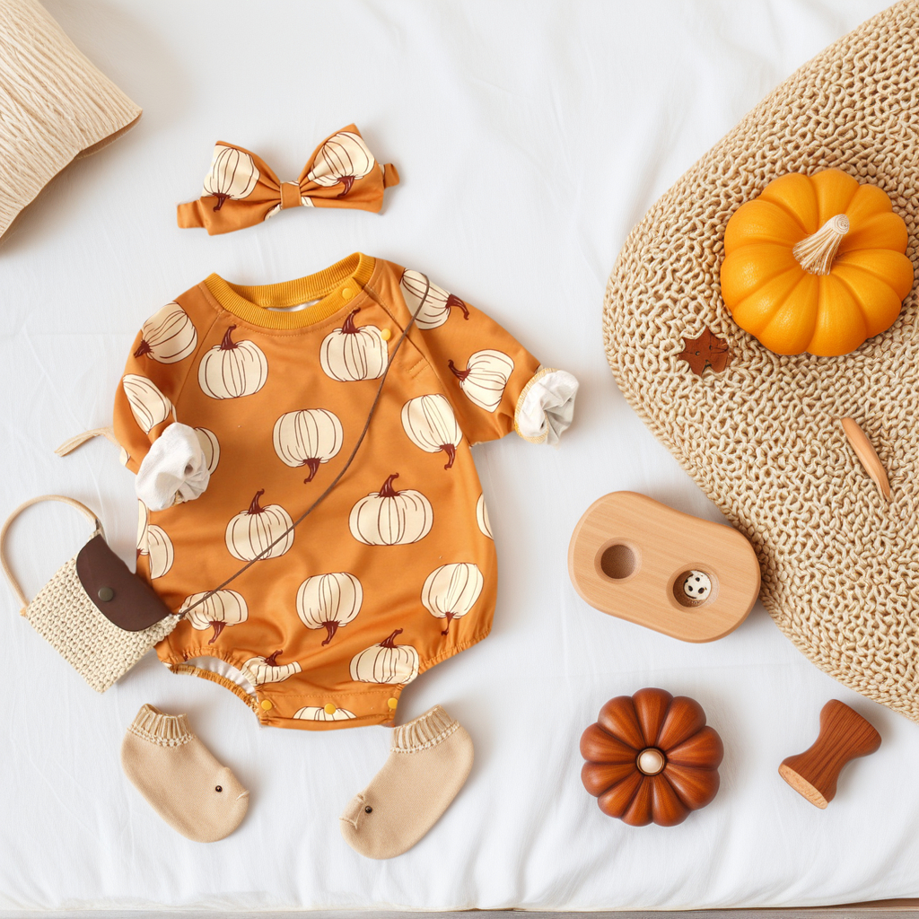 ฮาโลวีนบอดี้สูทสำหรับเด็กทารก ชุดฟักทองพร้อมแถบคาดศีรษะ