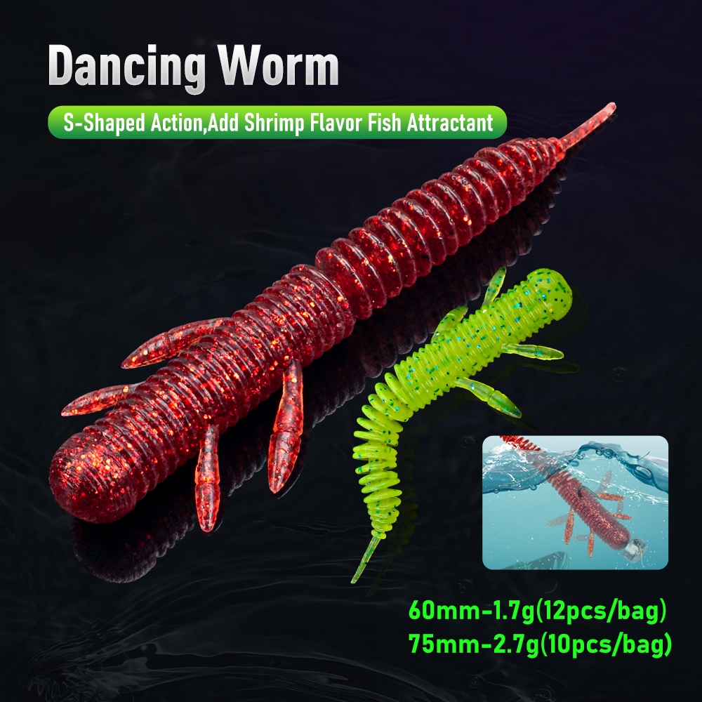 Kingdom DANCING WORM เหยื่อตกปลาอ่อน 12 ชิ้น/ถุง 60 มม./1.7g 75 มม./2.7g เหยื่ออ่อนลอย TPE หนอนนุ่ม Ned Jig Rig เหยื่อ Swimbaits เหยื่อประดิษฐ์ Wobblers Soft Lure Fishing Tackle