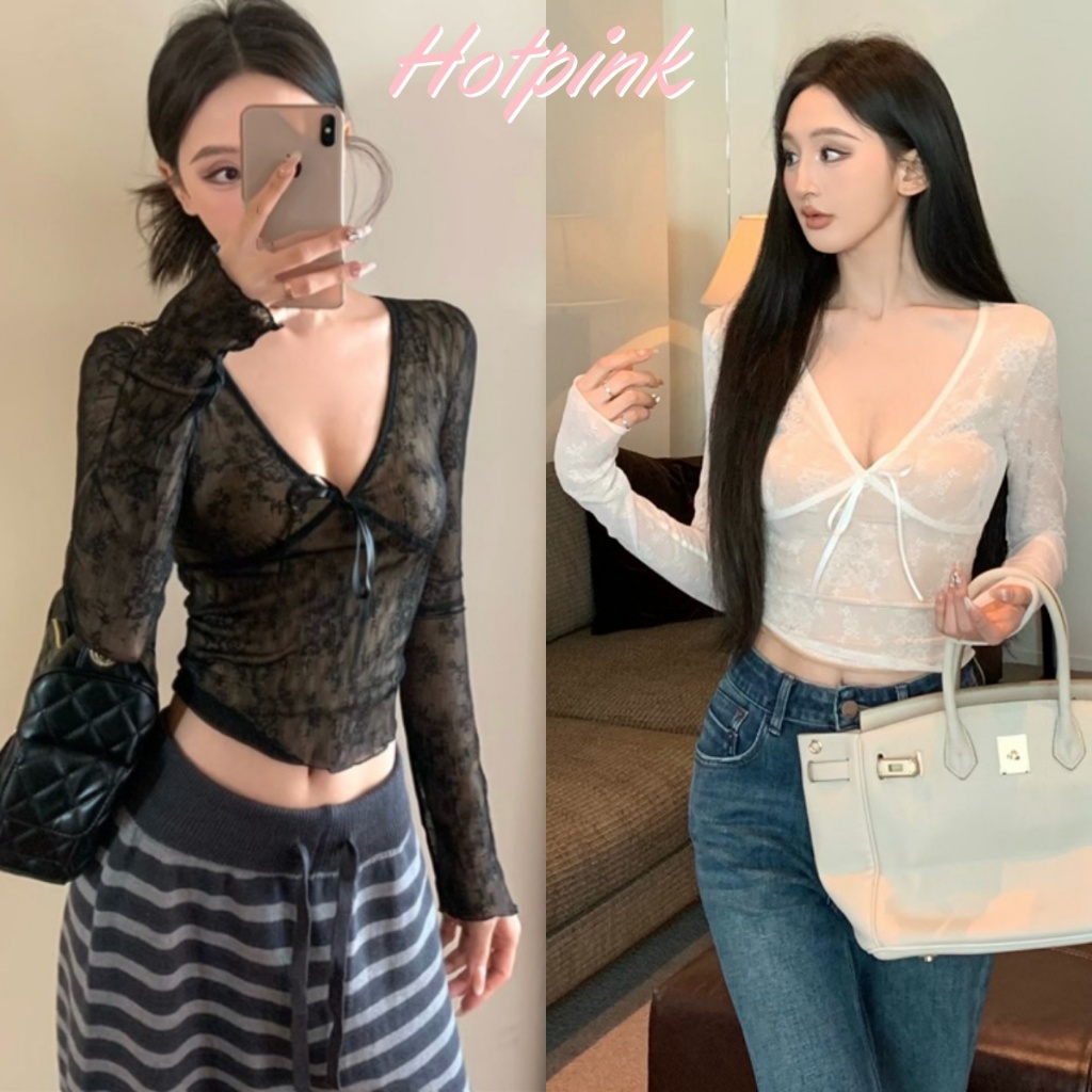Hotpink ส่งจาก Bangkok Hotpink ส่งจาก Bangkok เสื้อเบลาส์ ลูกไม้ คอวี สำหรับผู้หญิง แฟชั่น เซ็กซี่ เสื้อลูกไม้ ผู้หญิงอวบอิ่ม แขนยาว+แขนสั้น+สายเอี๊ยม#10093 ราคา ถูกที่สุด ดีลบีเคเค