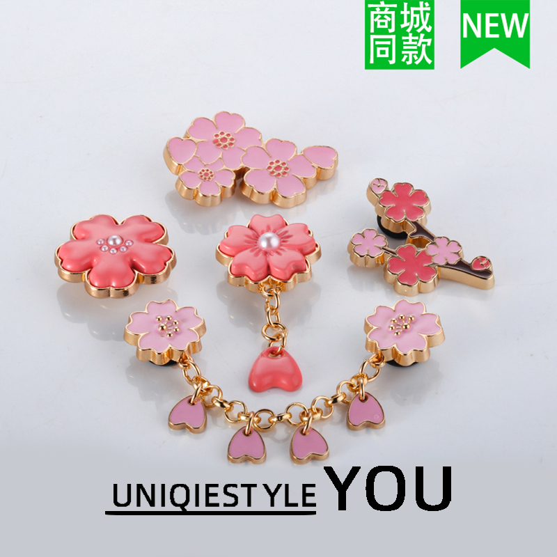 ชุดตกแต่งรองเท้า DIY สไตล์ใหม่ รองเท้าหนังแท้แบบคล้องสาย พร้อมลายดอกไม้และเข็มขัดโลหะสีม่วงดวงจันทร์ 5 ชิ้น ถอดได้ง่าย