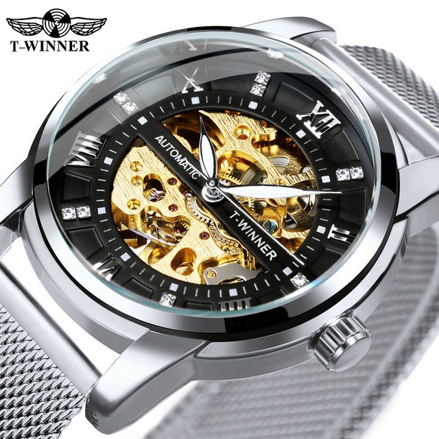 WINNER watch Black Skeleton Automatic Mechanical Watch for Men Fashion Diamond Dial Luminous Mesh St