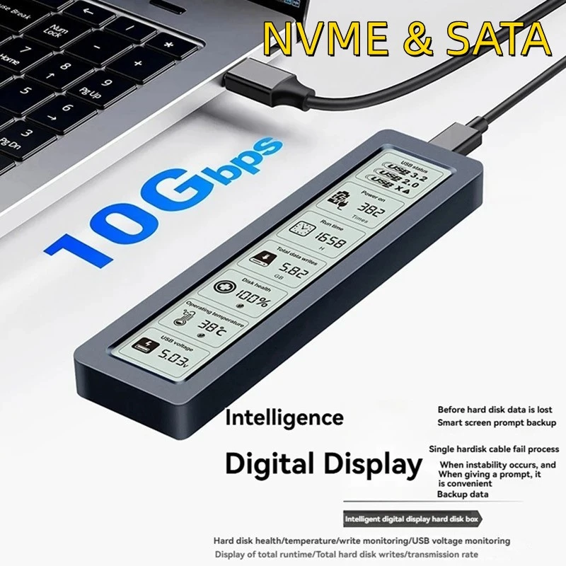 M2 SSD กรณี NVMe SATA Dual Protocol 10Gbps พร้อมจอแสดงผลหน้าจออัจฉริยะดิจิตอล USB3.2 Gen2 ประเภท C Disk กล่อง M.2 SSD Enclosure