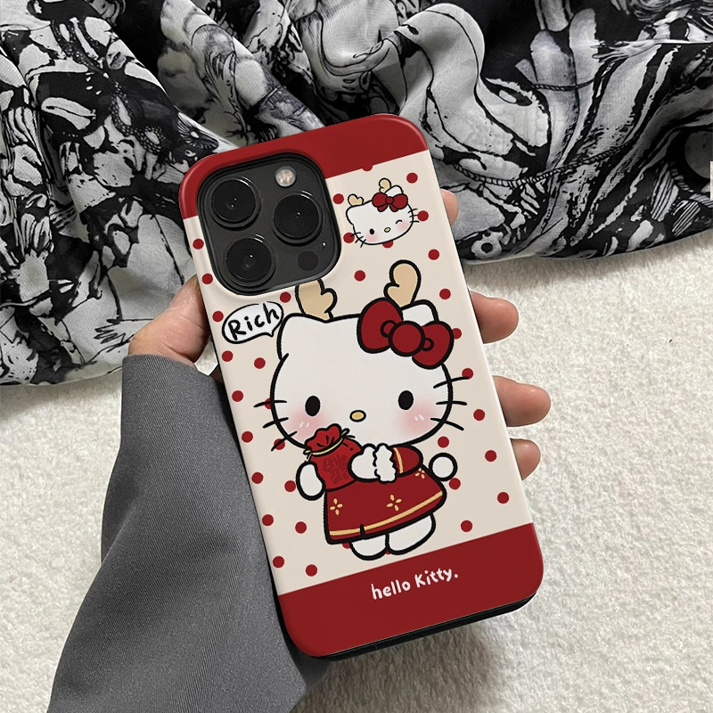 2-in-1 Bodian Lucky Bag KT Cat Apple 17/16 เคสโทรศัพท์ iPhone 15 Pro Max ฟิล์มใหม่ 14/13 Creative 12/11 Pro Max 7/8 Plus สองชั้นเคสโทรศัพท์เคลือบเงา