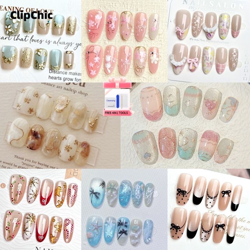ClipChic 2026 เล็บ 10 ชิ้นเล็บปลอมภาษาฝรั่งเศสคํา Ballerina เล็บปลอมเล็บยาวเล็บปลอมแมว eye เล็บปลอม