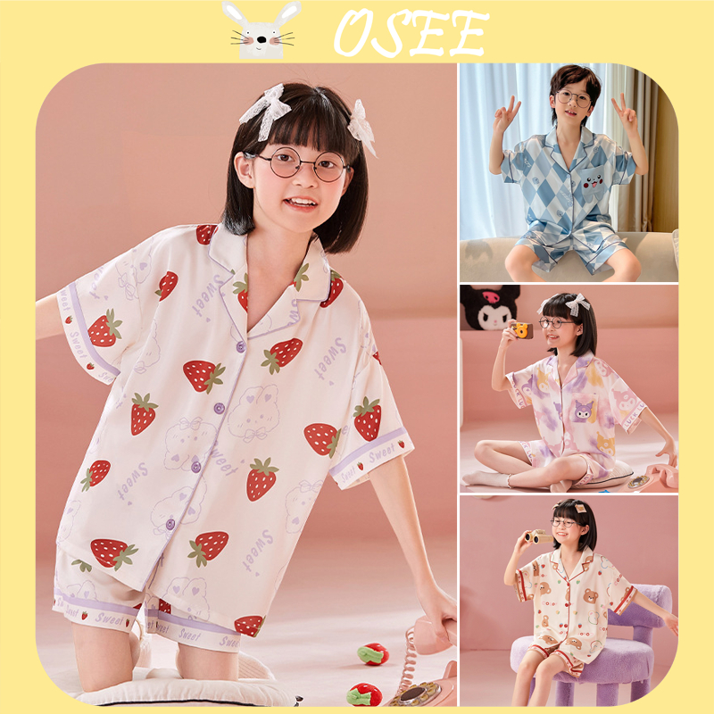 [Osee] 15-70kgs เด็กผู้หญิงชุดนอนแม่และชักมดลูกชุดนอนครอบครัว V คอฤดูร้อนผ้าไหมน้ําแข็งบางชุดชุดนอนเ