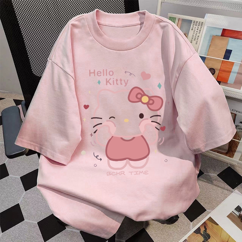 【จัดส่งตลอด 24 ชั่วโมง】🔥เสื้อยืดฤดูร้อนผู้หญิง ลายแมวน่ารัก🐱คอกลม เสื้อสีชมพูขนาดโอเวอร์ไซซ์ ผ้าคอตตอน รุ่น YG732