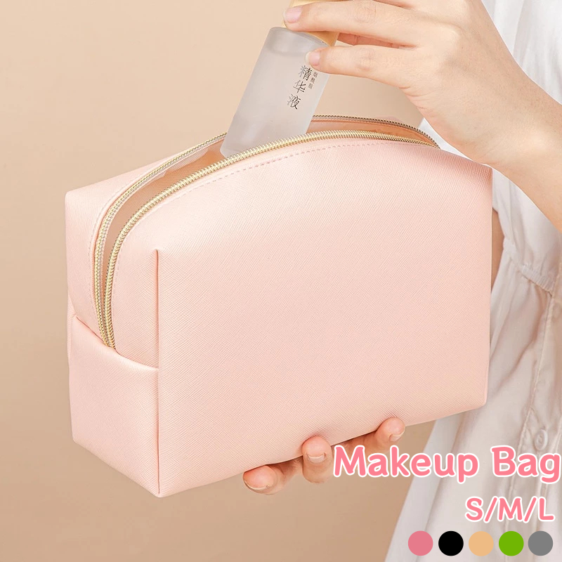 พร้อมส่ง กระเป๋าเครื่องสําอางกันน้ํา PU หนังสีทึบกระเป๋าแต่งหน้าแบบพกพาล้างแป้งเก็บกระเป๋า