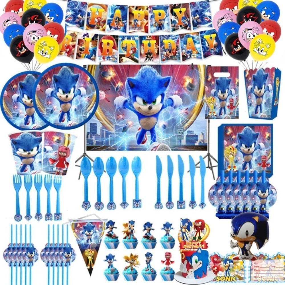 Sonic Hedgehog Themed Boy Birthday Party ตกแต่งทิ้งชุดช้อนส้อมแบนเนอร์แขวนผ้าปูโต๊ะ Sonic บอลลูนแผ่นกระดาษ Cupcake Top Baby Shower ของขวัญวันเกิด