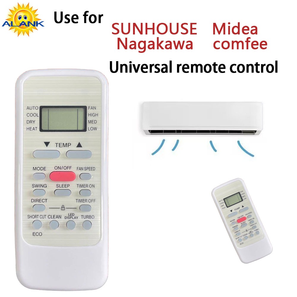 ALANK รีโมทคอนโทรลเครื่องปรับอากาศอเนกประสงค์ใช้สําหรับ SUNHOUSE Midea NagaKawa comfee