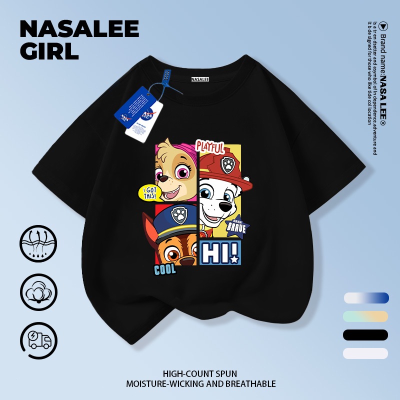 【ส่งของในวันเดียวกัน】เสื้อยืดแขนสั้นเด็ก NASA เนื้อฝ้ายสีดำ ระบายอากาศดี ลายพาวแพทรอล (Paw Patrol) สำหรับอายุ 3-16 ปี ใส่ได้ทั้งเด็กชาย-เด็กหญิง สไตล์สตรีทแฟชั่น