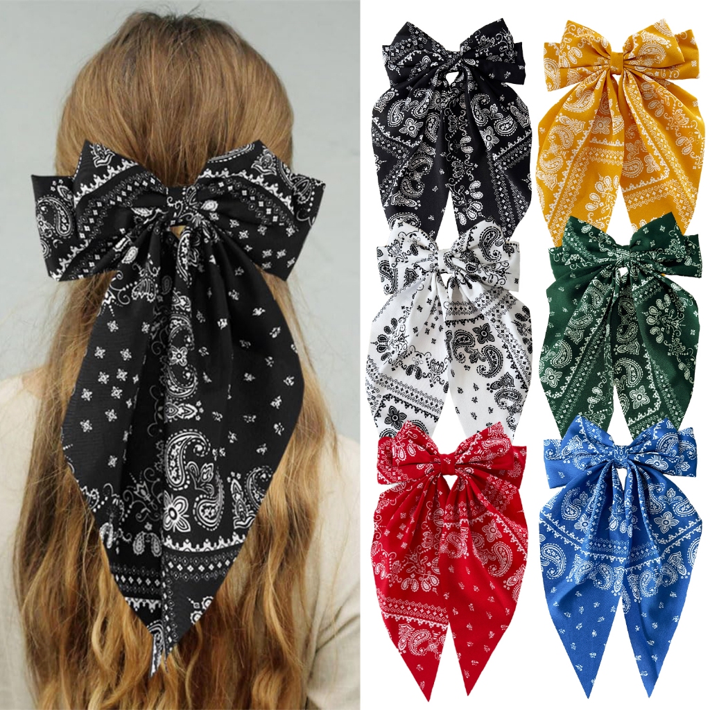 กิ๊บติดผมโบว์ใหญ่พิมพ์ลาย Paisley สไตล์เรโทรสำหรับเด็กผู้หญิง กิ๊บติดผมริบบิ้นหางยาว เครื่องประดับผมแฟชั่นสำหรับผู้หญิง