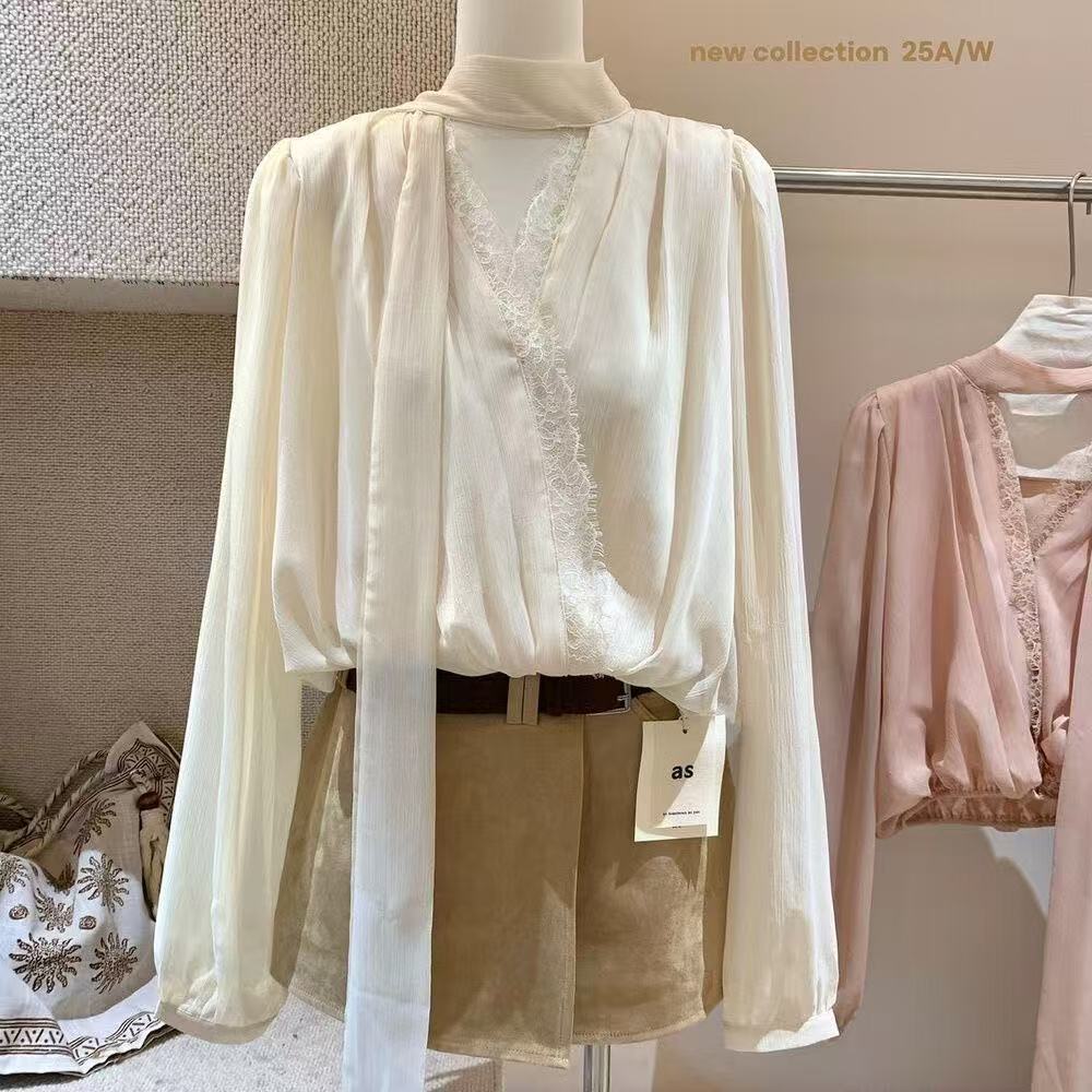เสื้อลายละเอียดแบบเกาหลีสำหรับผู้หญิง แขนยาว ผ้ายางยืด ทรงหลวม พิมพ์ลูกไม้