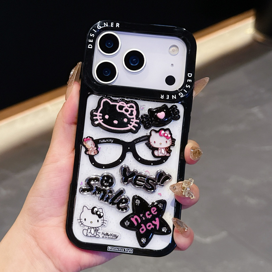 สําหรับIphone Case 17 Pro Max 16 Pro Max 15 Pro Max 14 Pro Max 13 Pro Maxแว่นตาขอบสีดําKT cat TPU Soft Case