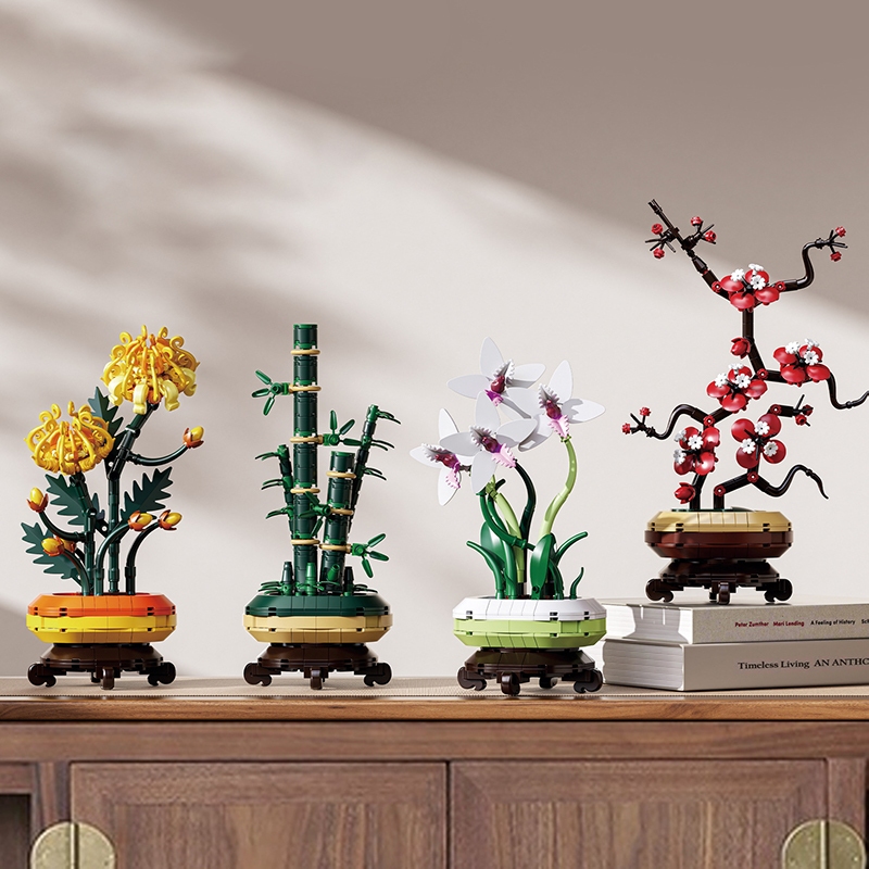 พลัม, กล้วยไม้, ไม้ไผ่และเบญจมาศกระถางบล็อกตัวต่อสําหรับเด็กชายและเด็กหญิงเป็นของขวัญของเล่น(ไม่มีกล่อง)