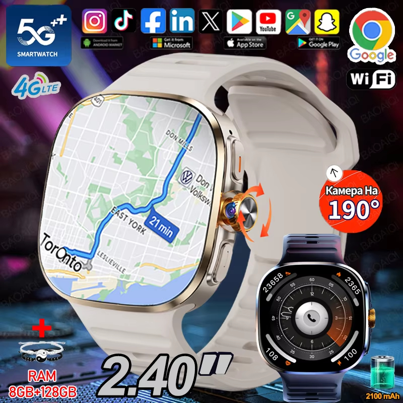 5G/4G สมาร์ทนาฬิกา 8GB + 128GB RAM GPS WIFI 720*720 AMOLED 2100 mAh แบตเตอรี่ 900W HD กล้อง Google A
