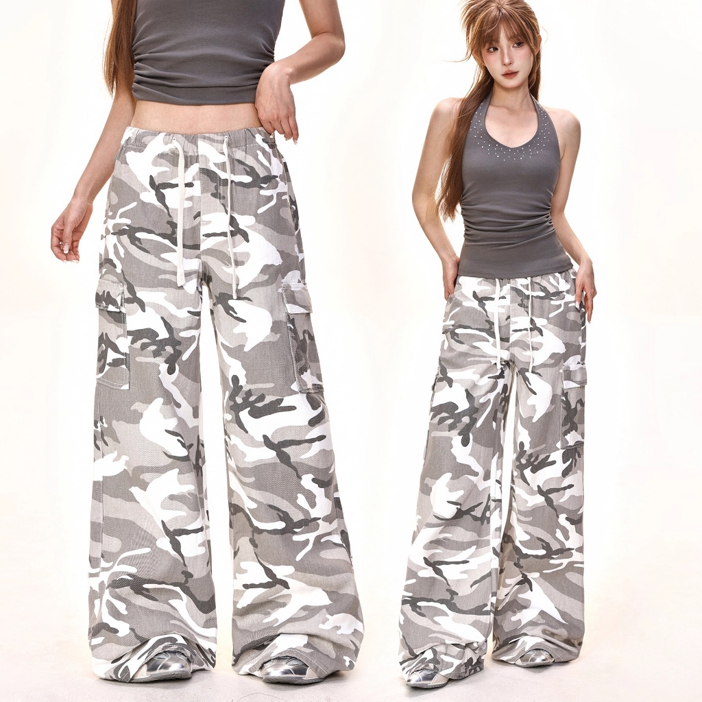 กางเกงยีนส์ลายพราง สไตล์อเมริกัน ทรงขาบาน มีหลายกระเป๋า ดีไซน์อินเทรนด์ สบายตัวสำหรับทุกวัน