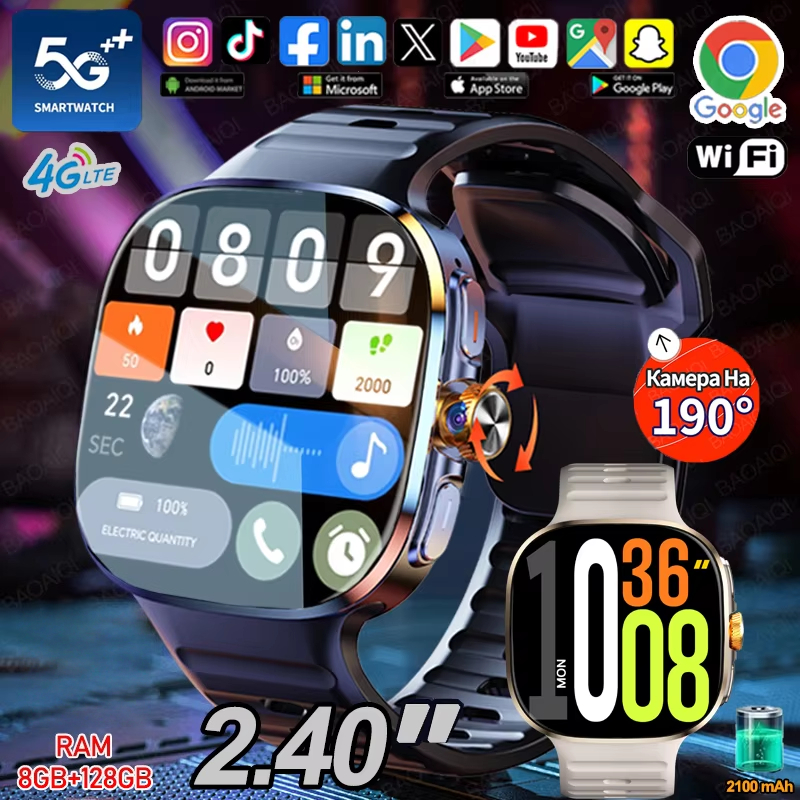 Android 10 5G/4Gสมาร์ทนาฬิกาG GPS WIFI 720*720 HD AMOLED 2100Mahแบตเตอรี่900Wกล้อง8GB + 128GB RAM Go