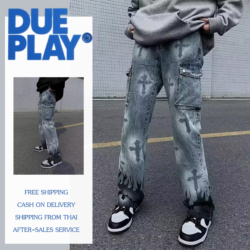 Dueplay กางเกงยีนส์ผู้ชาย ขากระบอก ทรงหลวม ทรงตรง พิมพ์ลายแฟชั่น สไตล์เกาหลี กางเกงสตรีท baggy jeans ชาย ฮิปฮอป ไฮสตรีท