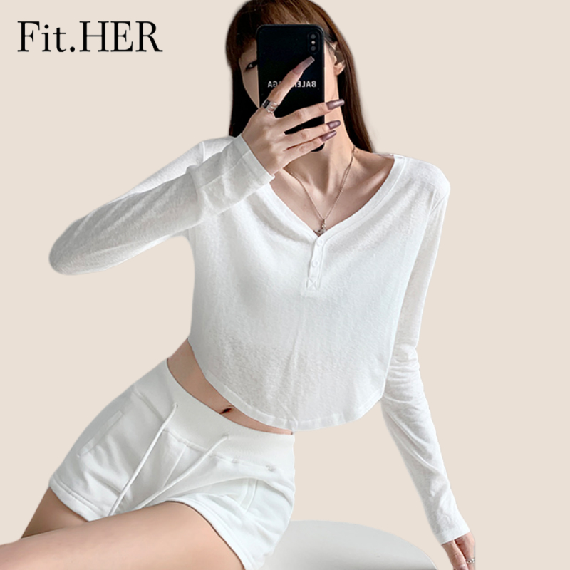 Fit.HER เสื้อกันแดดนิ่มๆ สไตล์ฟิต.getBody สำหรับผู้หญิง ดีไซน์คอด้านหน้าเปิด และกะทัดรัดในสไตล์แขนยาว เหมาะสำหรับฤดูร้อน
