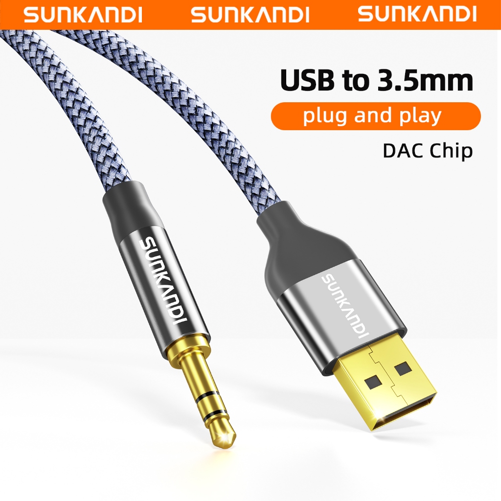 SUNKANDI USB ถึง 3.5 มม.สาย USB A ถึง 3.5 มม.Aux สายไฟอะแดปเตอร์ Aux พร้อมชิป DAC สําหรับ PC PS5 หูฟังลําโพง