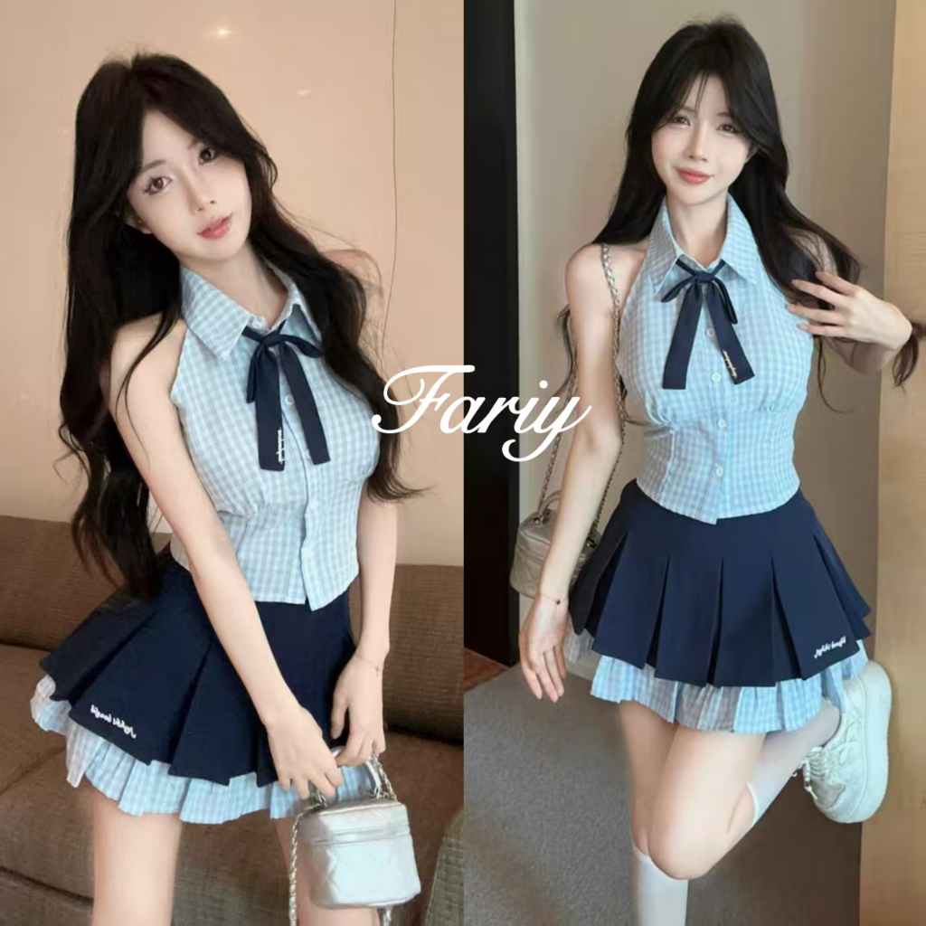 Fariy🍒คลังสินค้าพร้อม🍒 เสื้อคอกว้างลายสก๊อตสไตล์สาววิทยาลัยสุดฮอต แขนกุด ทรงเข้ารูป กระโปรงจีบ ชุดสูทสองชิ้นสำหรับผู้หญิงในช่วงฤดูร้อน