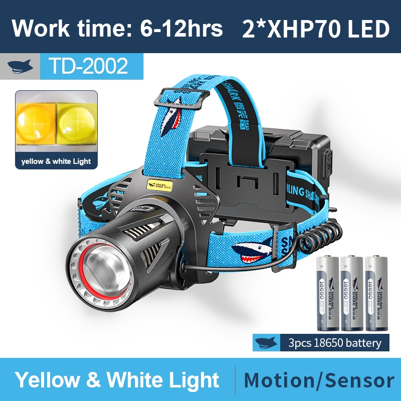 ไฟหน้า LED สีขาวและเหลือง 10000LM ความสว่างสูง พร้อมช่องชาร์จ USB สำหรับการเดินป่าและการตกปลารุ่น TD2002